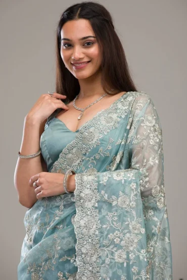 Aentic Premium Sea Green Floral Embroidered Designer Saree