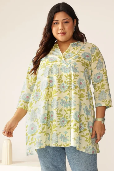 Aentic Plus Size Off White Floral Cotton A-Line Kurti