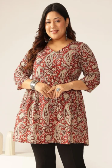 Aentic Maroon Paisley Cotton Peplum Tunic