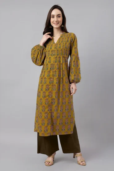 Aentic Mustard Floral Cotton Straight Kurta