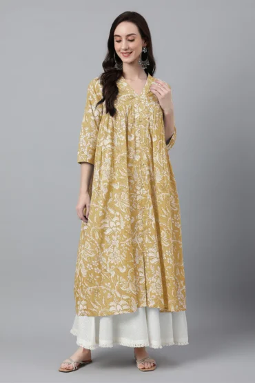 Aentic Mustard Floral Cotton Flared Kurta