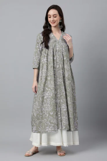 Aentic Light Green Floral Cotton Flared Kurta