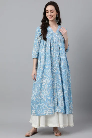 Aentic Sky Blue Floral Cotton Flared Kurta