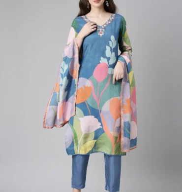 Aentic Women’s Floral Printed Kurta Pant & Dupatta Set – Elegant Ethnic Wear