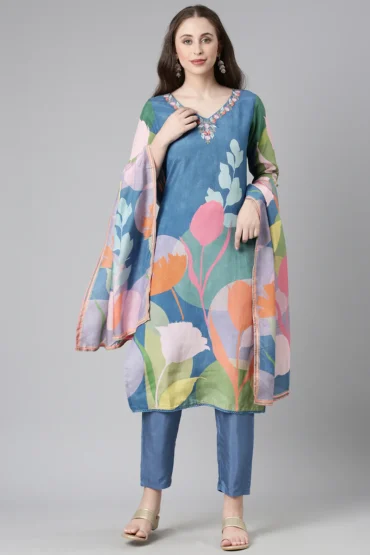 Aentic Women’s Floral Printed Kurta Pant & Dupatta Set – Elegant Ethnic Wear