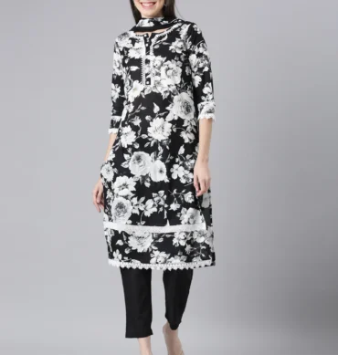 Aentic Women’s Black Floral Printed Kurta Pant & Dupatta Set – Elegant Ethnic Wear