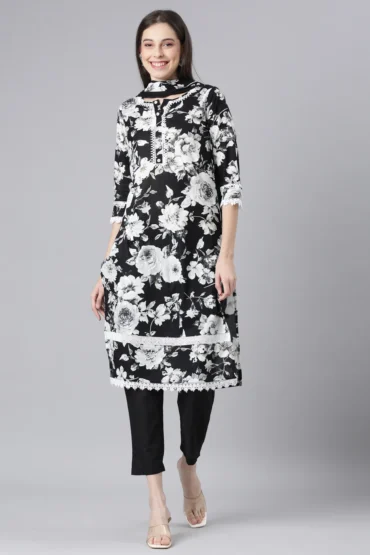 Aentic Women’s Black Floral Printed Kurta Pant & Dupatta Set – Elegant Ethnic Wear
