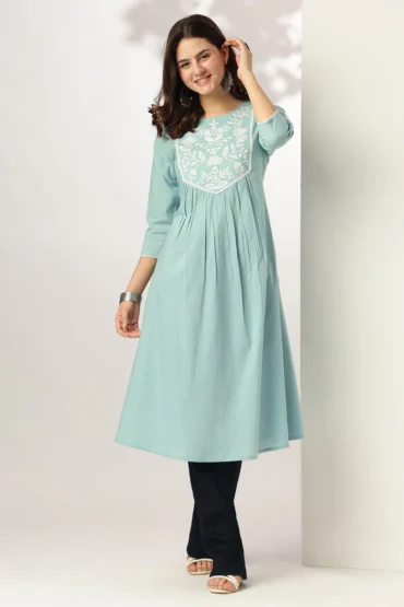 Aentic Light Blue Yoke Embroidered Cotton A-Line Kurta
