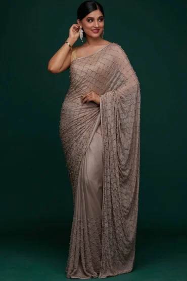 Aentic Elegant Taupe Diamond Embroidered Designer Saree
