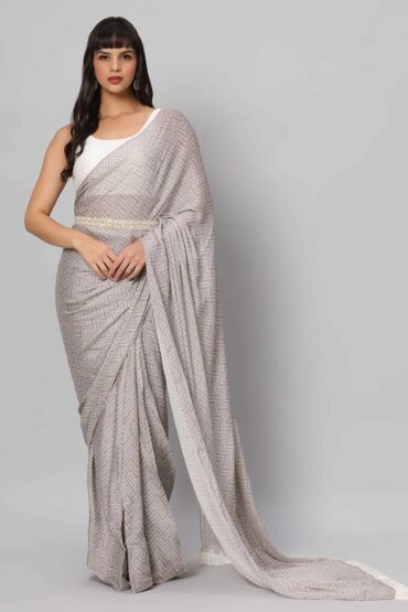 Mehr Grey & White Zigzag Sequins Crepe Silk Aentic Saree