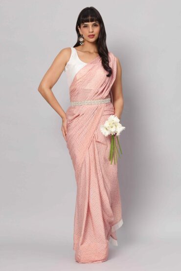 Mehr Peach & White Zigzag Sequins Crepe Silk Aentic Saree