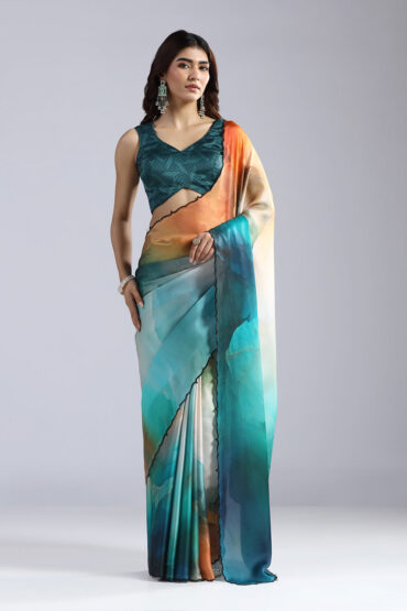 Crepe Saree with Black Swarovski Work and Scalloped Cutwork Border