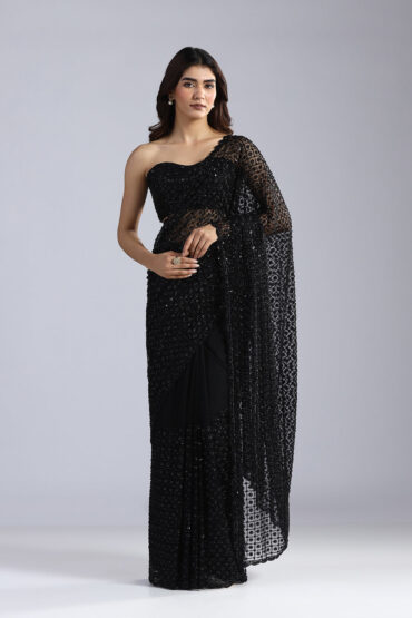 Stunning Midnight Black Net Saree with Intricate Sequin & Moti Lattice Work