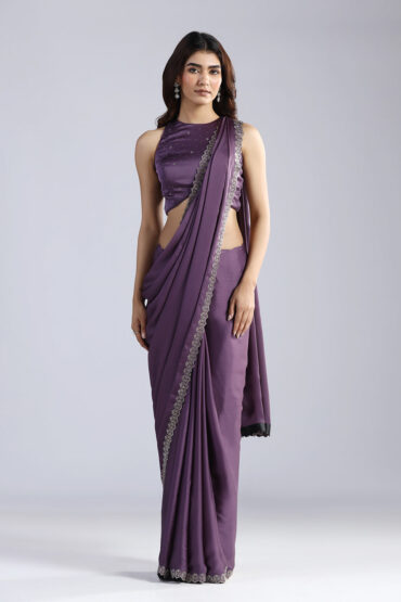 Exquisite Plum Crepe Saree with Swarovski Embellishments and Scalloped Geometric Borders