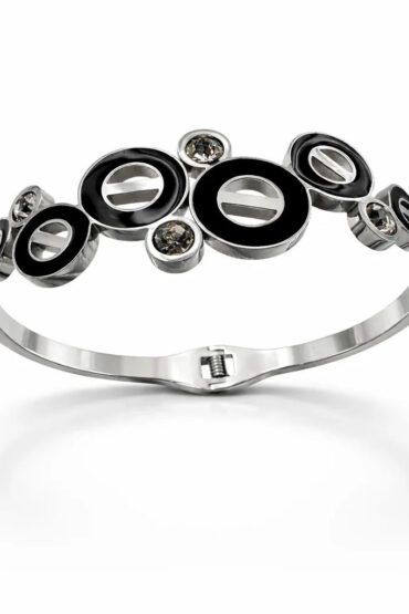 Eclipse Noir Silver Bracelet ? Modern Black Enamel & Crystal Designer Cuff