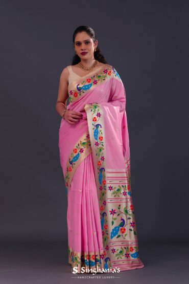 Hopbush Pink Paithani Saree With Floral Butti'S