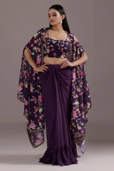 Aentic Georgette Sharara Ensemble with Cutdana Work Shrug