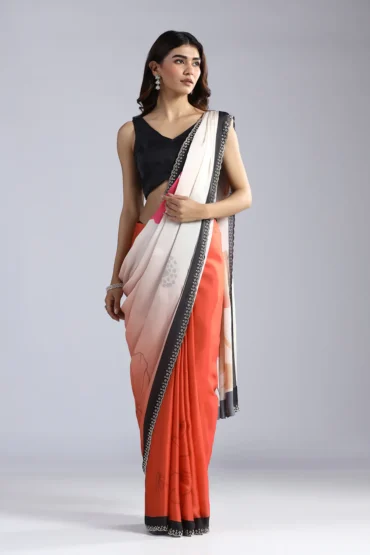 Aentic Monochrome Muse Black & Ivory Crepe Saree with Botanical Art