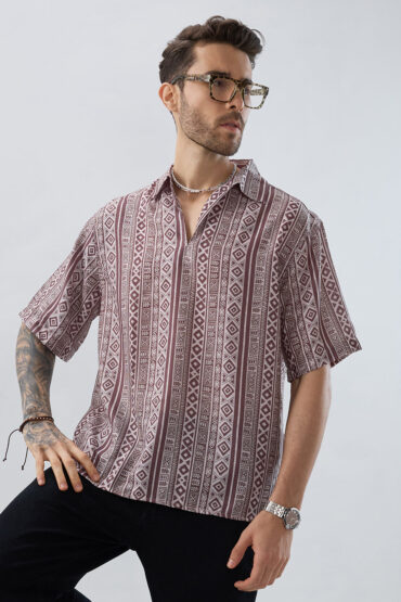 Pecan Brown Geometric Printed Oversized Polo Shirt