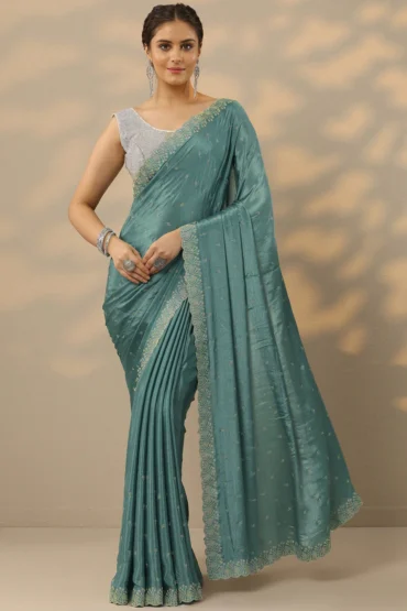 Aentic Blue Embellished Silk Blend Saree with Blouse Piece