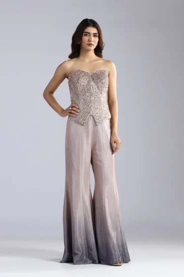 Aentic Hand-Beaded Corset & Ombré Shimmer Flared Trousers Set