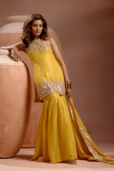 Aentic Inayat Yellow Sharara Set with Mirror & Sequins Work