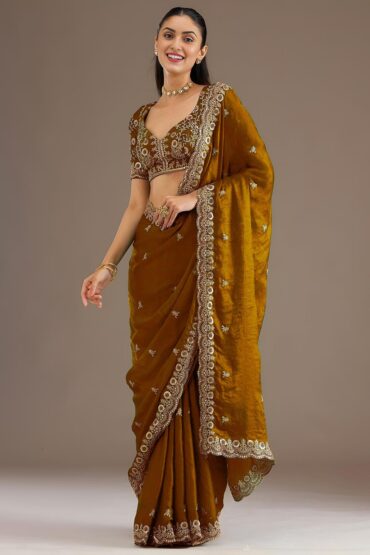 Mumtaz Carmel Tissue Gold Embroidered Ready to Wear Saree