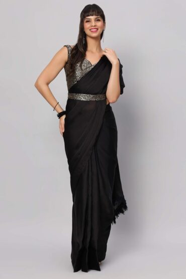 Zaara Black Satin with Feather Trim Aentic Saree Set