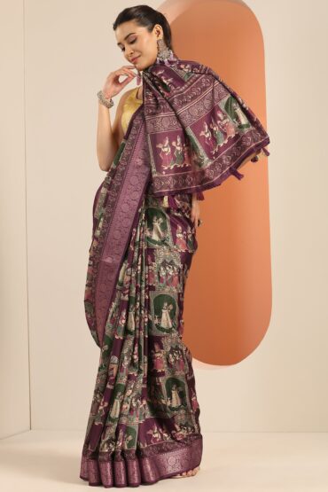 Burgundy Kalamkari Printed Silk Blend Saree With Unstitched Blouse Piece