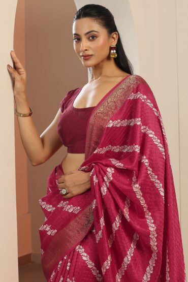 Pink Printed Silk Blend Saree With Unstitched Blouse Piece
