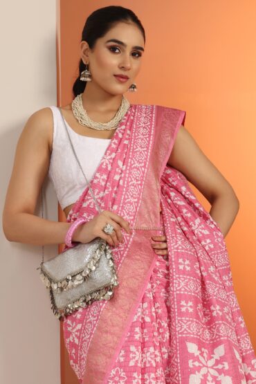 Pink Printed Silk Blend Saree With Unstitched Blouse Piece