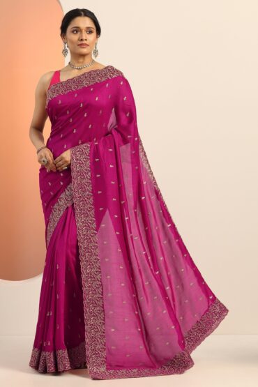Magenta Embroidered Silk blend Saree With Unstitched Blouse Piece
