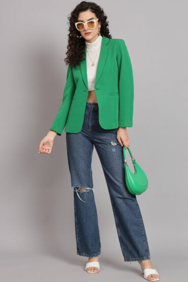 Women Green Notched Lapel Formal Blazer