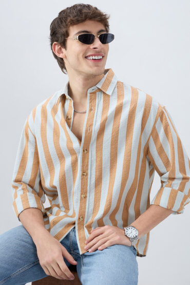 Orange & Blue Seersucker Awning Stripe Boxy Fit Crop Shirt