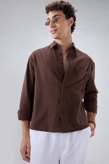 Chocolate Brown Micro Box Textured Boxy Fit Crop Shirt