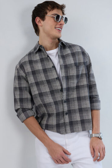 Monochrome Dense Contrast Checks Boxy Fit Crop Shirt