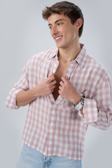 Peachy Pink Gingham Checks Boxy Fit Crop Shirt