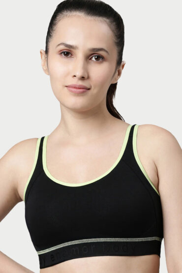 Aentic Innovations Antimicrobial, Side Shaper, Women's Cotton Medium Impact Sports Bra -  Fixed cup, Non-Padded, Wirefree, High Coverage - SB28 (Black)
