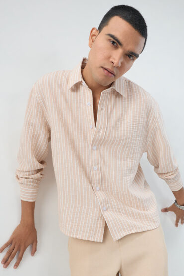 Crayola Peach Vertical Striped Crinkled Boxy Fit Crop Shirt