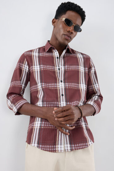 Autumn Brew Soft Textured Checks Maroon Shirt