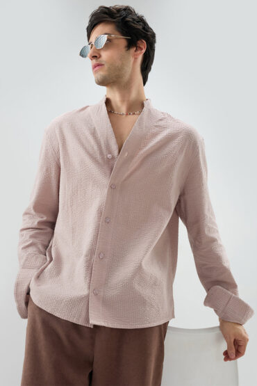 Taupe Beige Seersucker Striped Stand Collar Oversized Shirt