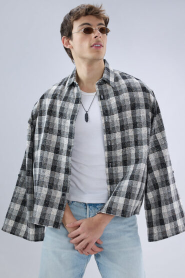 Black & White Textured Interweave Boxy Fit Crop Shirt