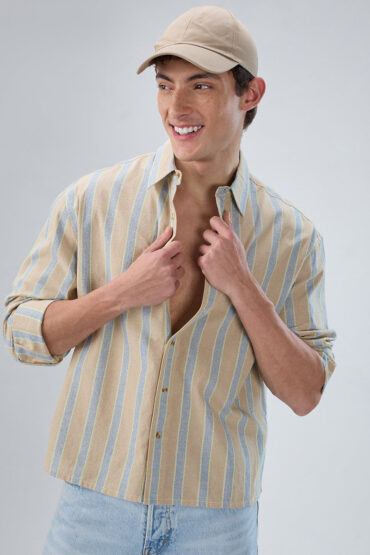 Tan & Navy Contrast Tape Striped Boxy Fit Crop Shirt