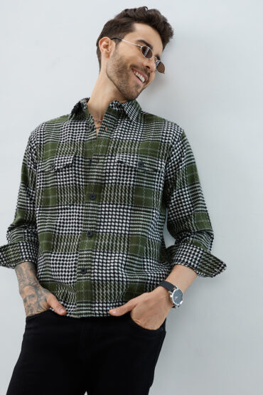 Olive Houndstooth Checkmate Twin Pocket Flannel Shirt