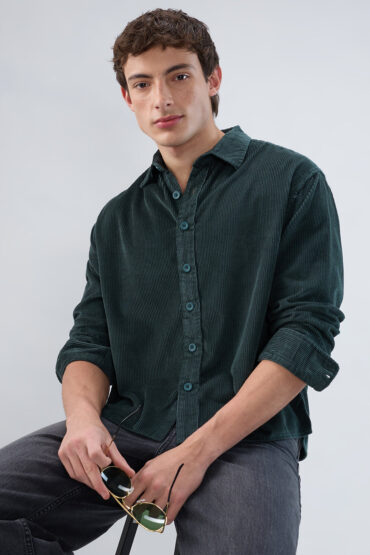 Sacremento Green Corduroy Boxy Fit Crop Shirt