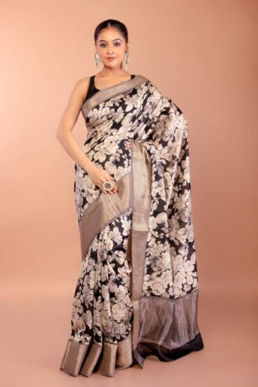 Black Silk Saree with Floral Prints and Woven Gold Border
