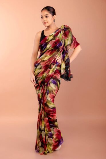 Floral Printed Georgette Saree with Cutdana Border