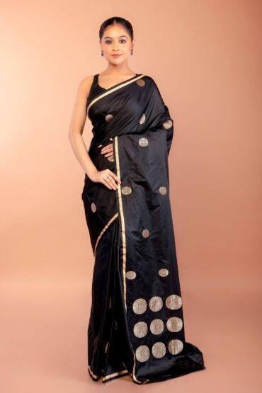 Black Banarasi Silk Saree with Thin Gold Border