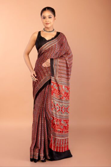 Red Ajrakh Saree with Hand Block Prints