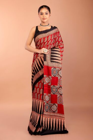 Red Printed Modal Silk Ajrakh Saree with Black Temple Border
